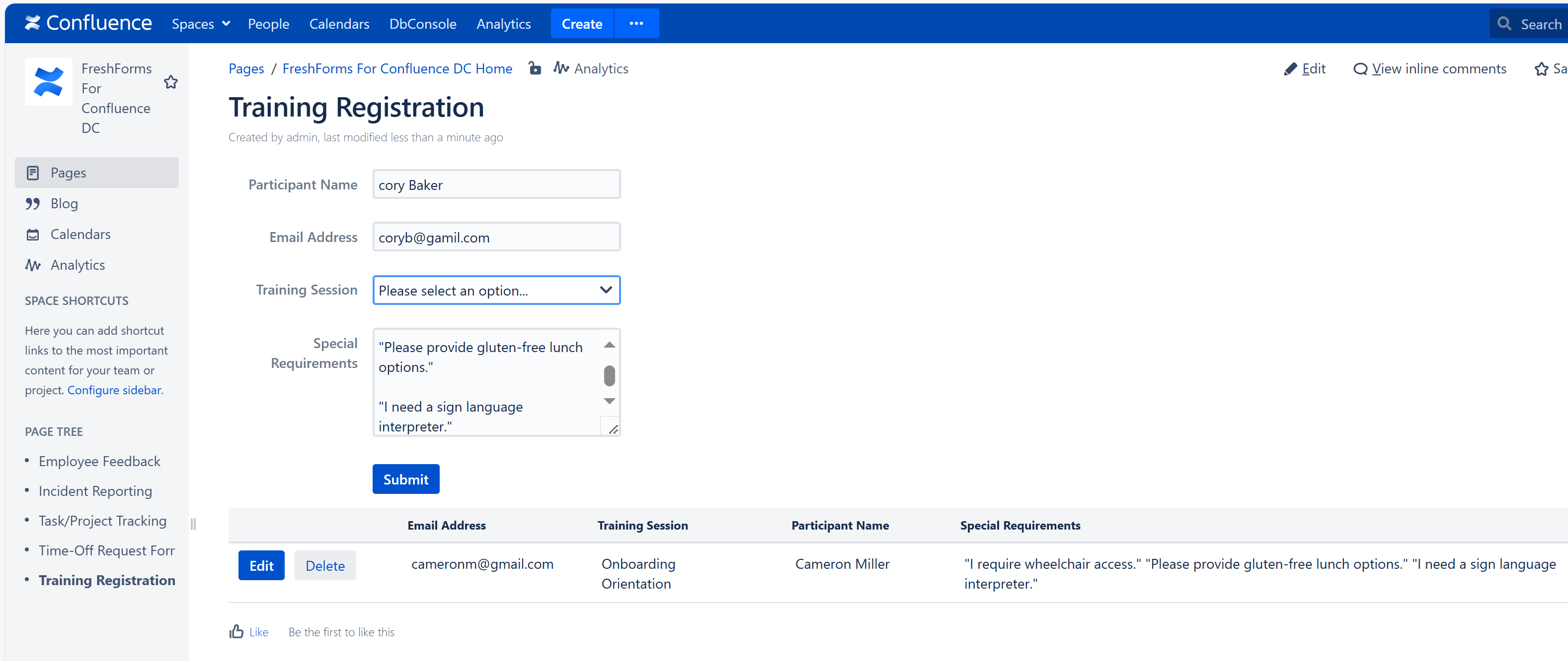 FreshForms Training Registration form with results table in Confluence